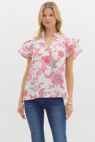 Entro Pink Floral Flutter Sleeve Top