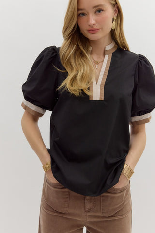 ENTRO Solid Contrast Trim Top In Black