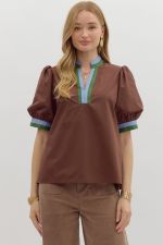 ENTRO Bubble Sleeve Multi Color Band Top In Chocolate
