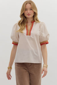 ENTRO Bubble Sleeve Multi Color Band Top In Ecru