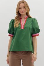 ENTRO Bubble Sleeve Multi Color Band Top In Hunter Green
