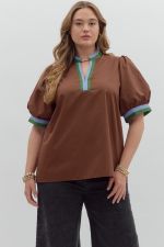 ENTRO Bubble Sleeve Multi Color Band Top In Chocolate PLUS Size