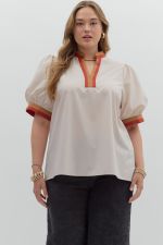 ENTRO Bubble Sleeve Multi Color Band Top In Ecru PLUS Size