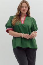 ENTRO Bubble Sleeve Multi Color Band Top In Hunter Green PLUS Size