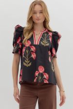Entro Floral Puff Sleeve Top PLUS Sizes In Black