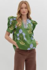 Entro Floral Puff Sleeve Top PLUS Sizes In Green