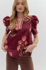 Entro Floral Puff Sleeve Top PLUS Sizes In Wine