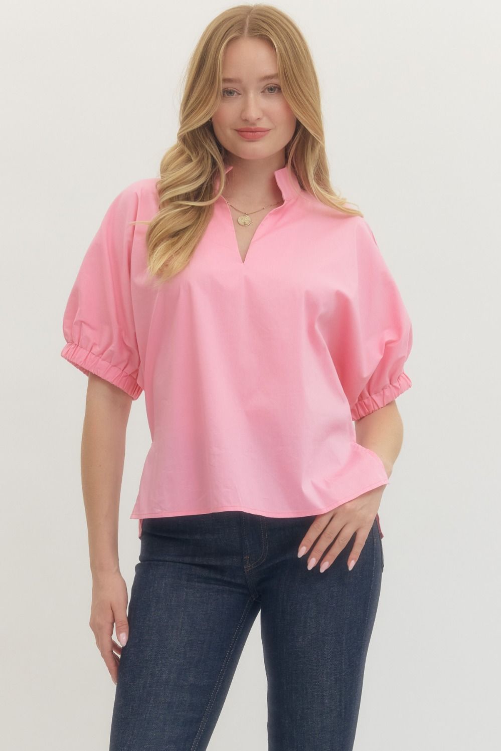 ENTRO Solid V Neck With Collar In Light Pink