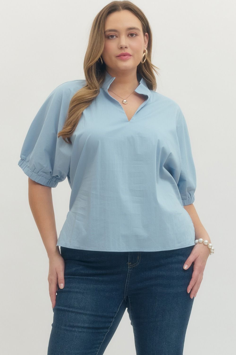 Entro Solid V Neck With Collar In Chambray PLUS Size