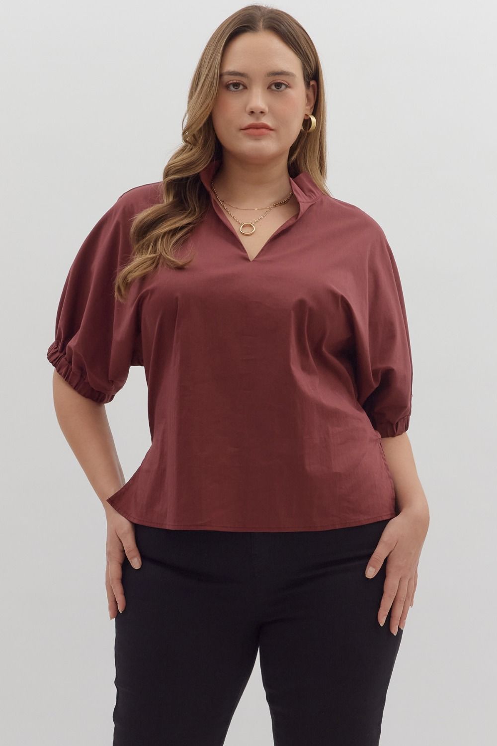 Entro Solid Puff Sleeve V Neck Top In Wine PLUS Size *COMING SOON*