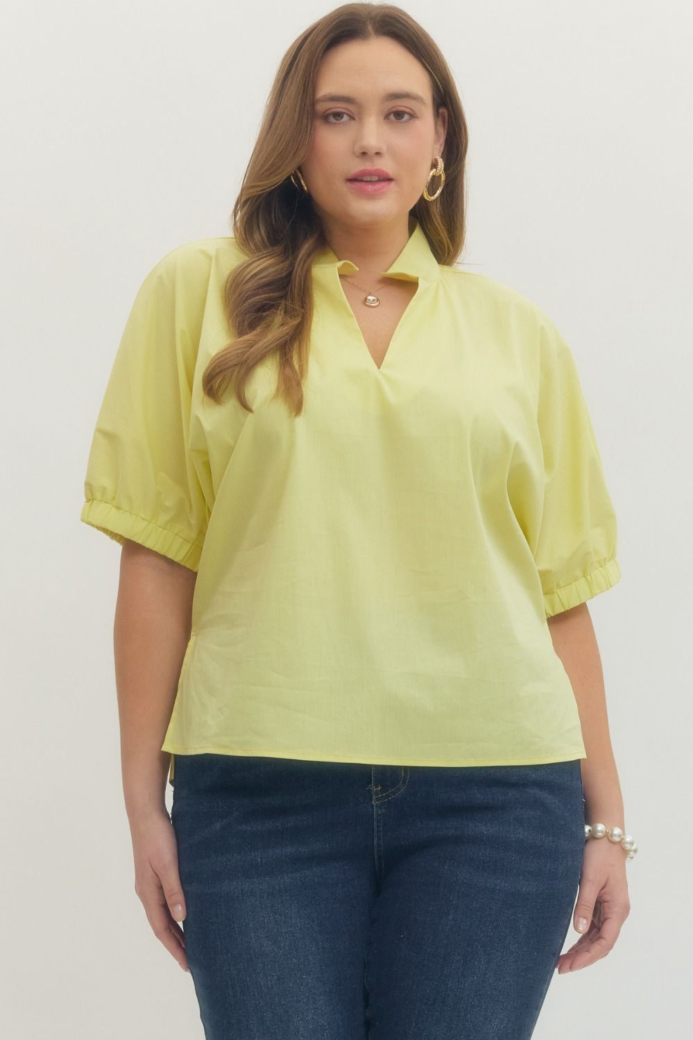 Entro Solid V Neck With Collar In Yellow PLUS Size