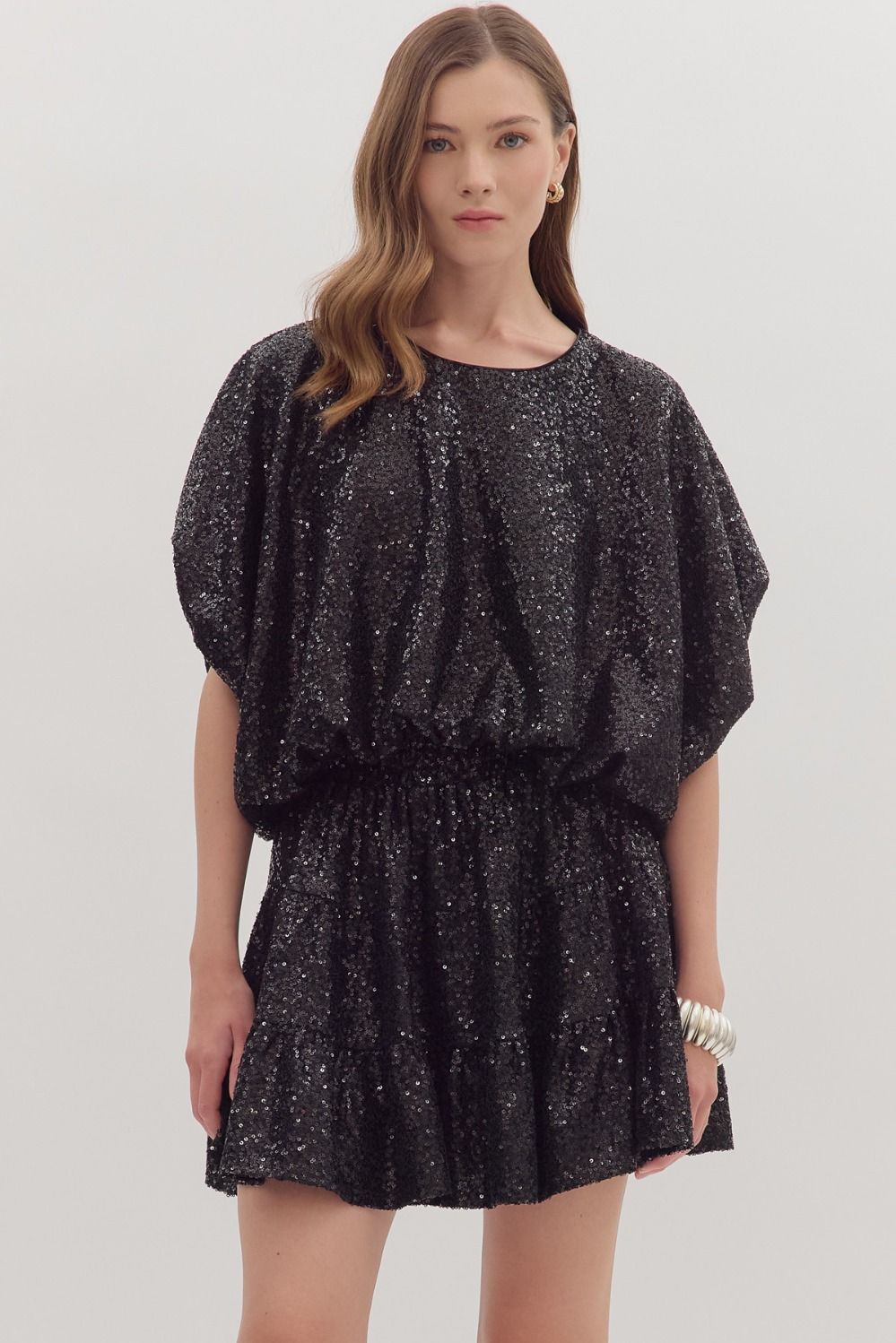 Entro Solid Sequin Short Sleeve Dolman Top In Black *COMING SOON*