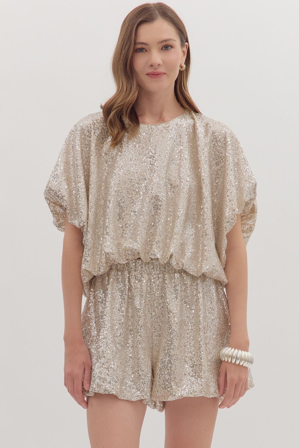 Entro Solid Sequin Short Sleeve Dolman Top In Champagne