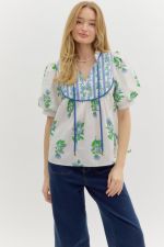 Entro Blue Floral Contrasting Yoke Top