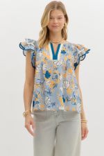ENTRO Floral Print Flutter Sleeve Top In Slate Blue