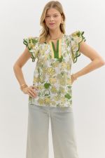 ENTRO Floral Print Flutter Sleeve Top In Yellow