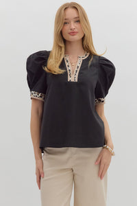 ENTRO V Neck Leopard Trim Top In Black