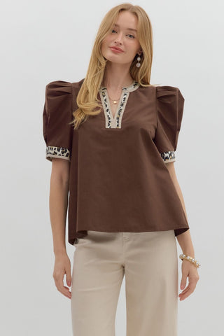 ENTRO V Neck Leopard Trim Top In Brown