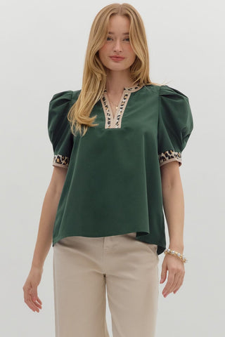 ENTRO V Neck Leopard Trim Top In Hunter Green