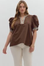 ENTRO Solid Leopard Trim Top In Brown IN PLUS Sizes *COMING SOON*