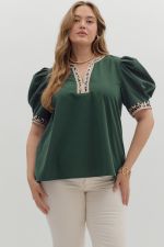 ENTRO Puff Sleeve Pullover Top With Leopard Trim In Hunter PLUS