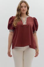 ENTRO Puff Sleeve Pullover Top With Leopard Trim In Merlot PLUS