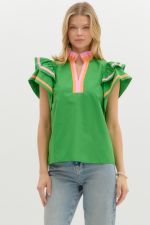 ENTRO Flutter Sleeve Pullover Top In Green