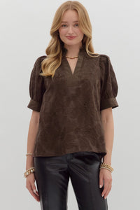ENTRO Floral Embroidered Top In Brown
