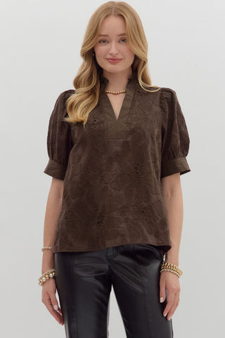 ENTRO Floral Embroidered Top In Brown
