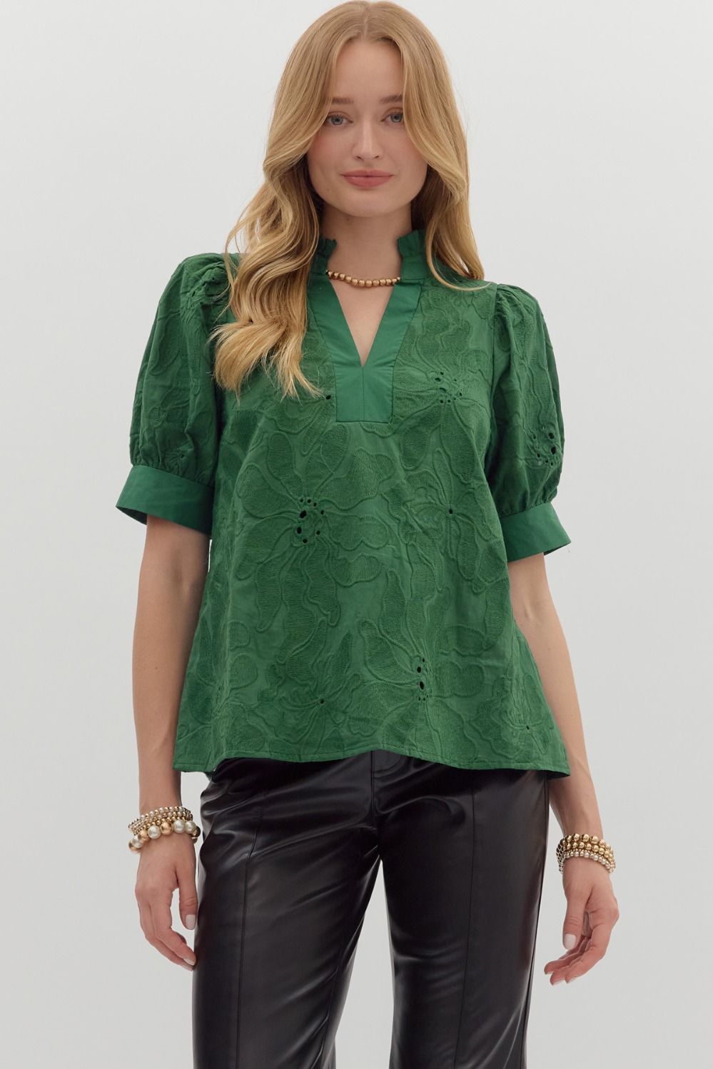 ENTRO Floral Embroidered Top In Green