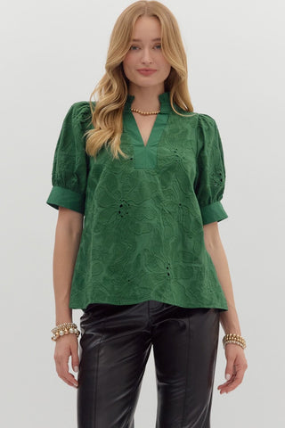 ENTRO Floral Embroidered Top In Green