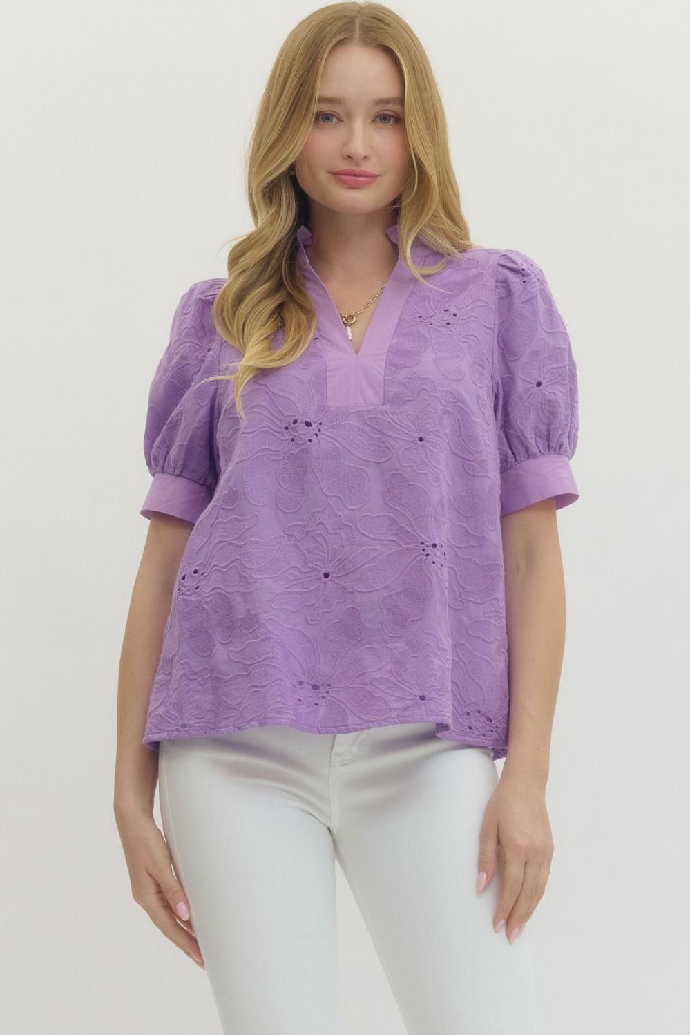 ENTRO Floral Embroidered Puff Sleeve Pullover Top In Lavender *COMING SOON*