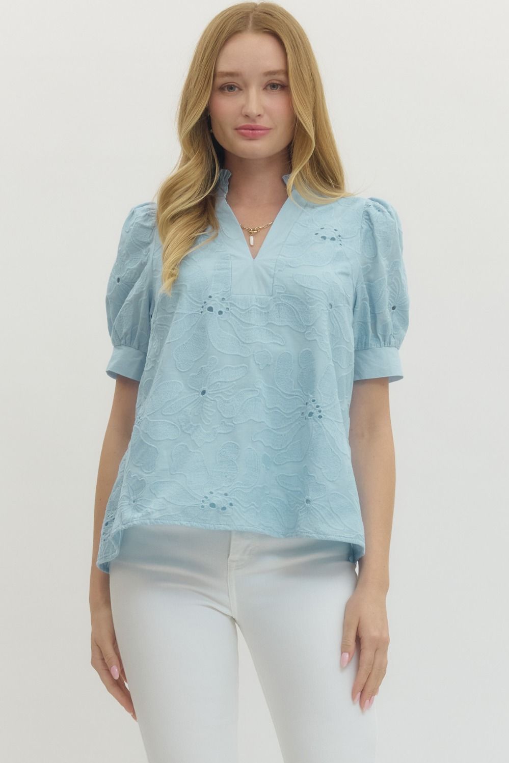 ENTRO Floral Embroidered Puff Sleeve Pullover Top In Light Blue *COMING SOON*