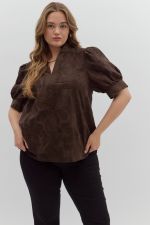 ENTRO Embroidered Puff Sleeve Pullover In Brown PLUS Size