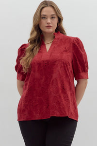 ENTRO Floral Embroidered Puff Sleeve Top In Red PLUS Sizes