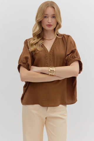 ENTRO Solid Dolman Top With Trenza Detail In Caramel