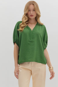 ENTRO Solid Dolman Top With Trenza Detail In Fern