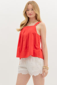 ENTRO Solid Pleated Pullover Top In Red