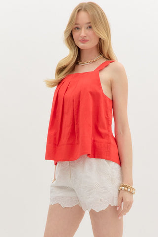ENTRO Solid Pleated Pullover Top In Red