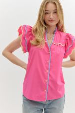 ENTRO Solid Tiered Ruffled Sleeve Top In Pink