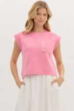 ENTRO Solid Knit Pullover With Embellished Pocket In Pink