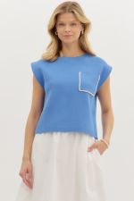 ENTRO Solid Knit Pullover With Embellished Pocket In Blue