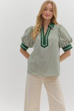 ENTRO Stripe Puff Sleeve Cuff Sleeve Top In Hunter Green