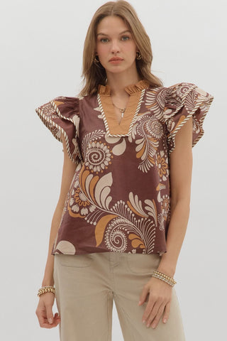 ENTRO Paisley Flutter Sleeve Top In Brown