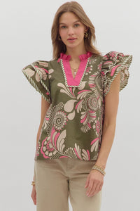 ENTRO Paisley Flutter Sleeve Top In Olive *COMING SOON*