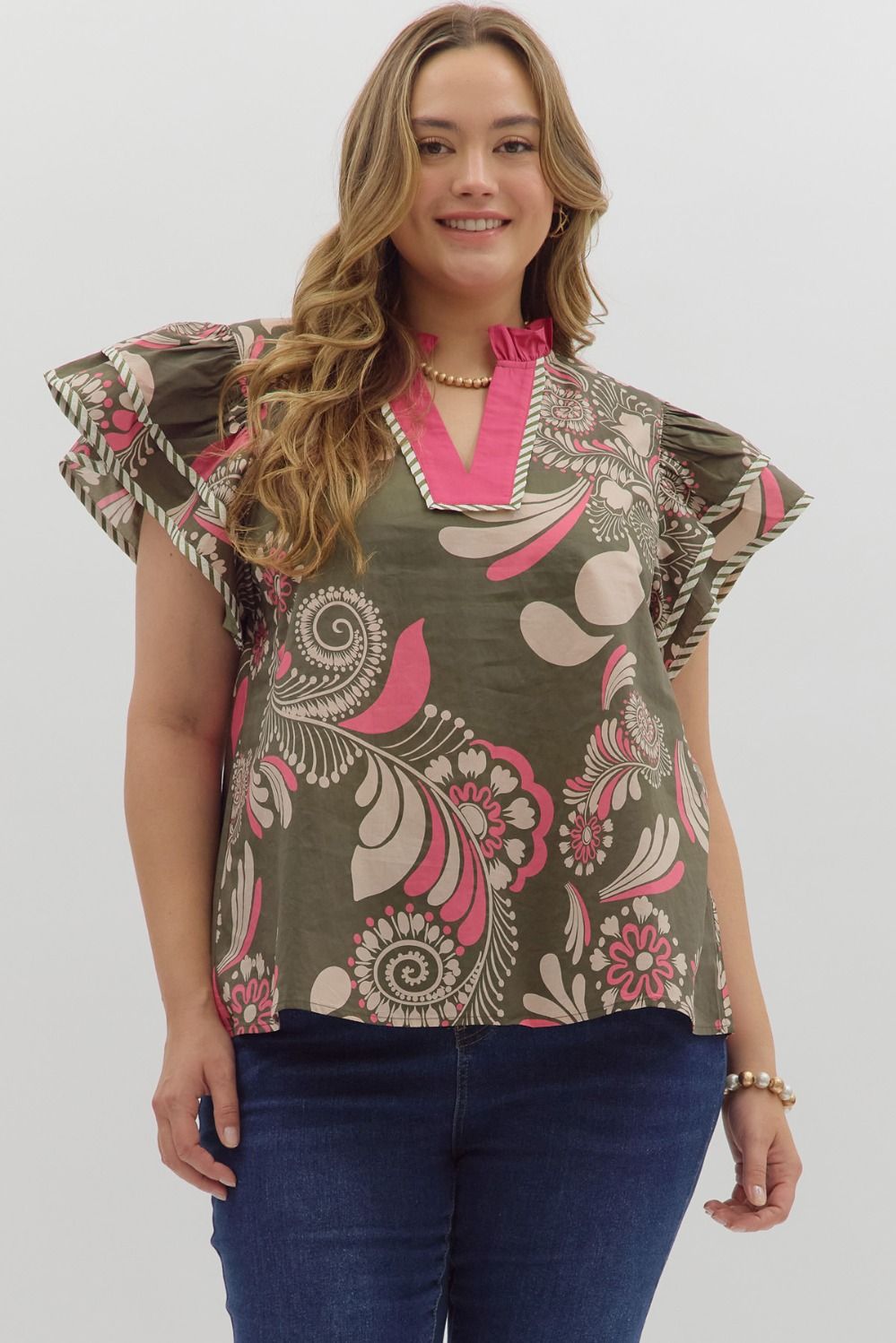 ENTRO Paisley Flutter Sleeve Top In Olive PLUS Sizes