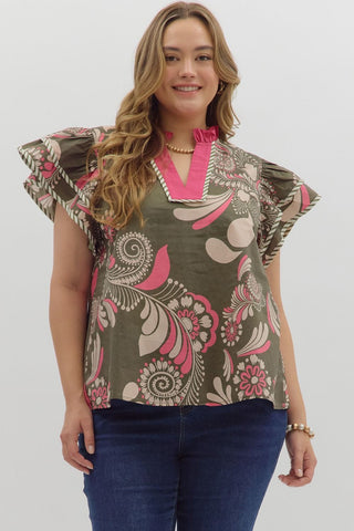 ENTRO Paisley Flutter Sleeve Top In Olive PLUS Sizes