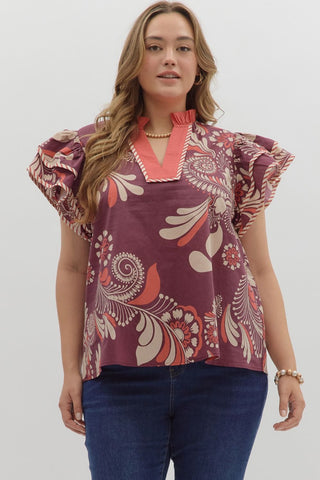 Entro Paisley Flutter Sleeve Top In Plum PLUS Sizes