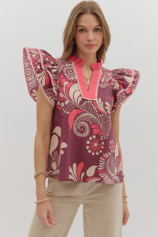 ENTRO Paisley Flutter Sleeve Top In Plum