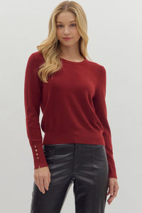 ENTRO Round Neck Long Sleeve Button Detail Top In Burgundy